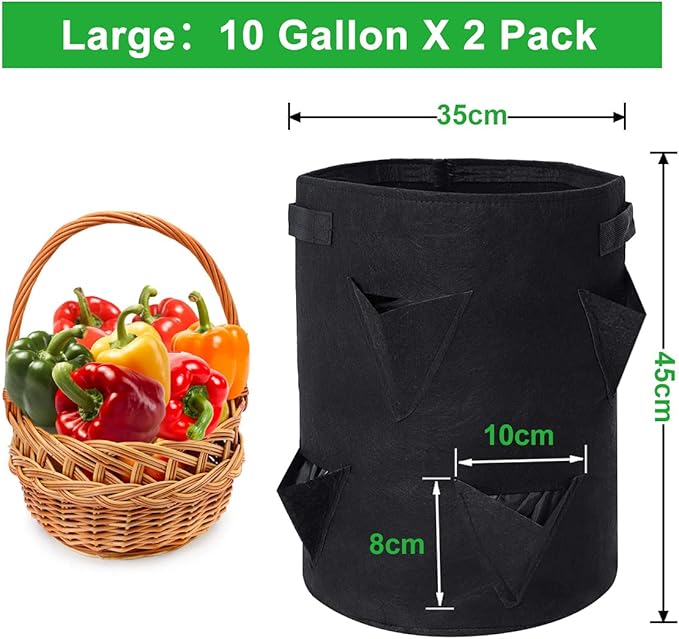 GOTGELIF 10 Gallon Strawberry Grow Bags 2-Pack, Thickened Nonwoven Grow Pots with 8 Pockets & Reinforced Handles for Strawberries, Tomatoes, Peppers, Herbs, Flowers