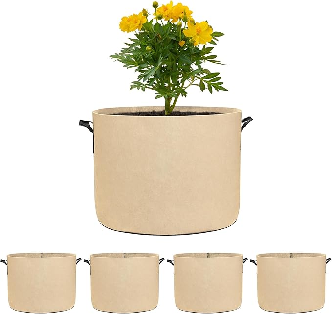M METERXITY 5-Pack Plant Grow Bags 10 Gallon Grow Bags 300G Thickened Fabric Pots with Durable Handles Plant Garden Grow Pots for Fruits/Vegetables/Flowers/Plants [Khaki]