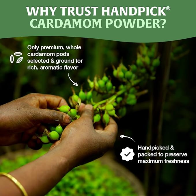 HANDPICK Cardamom Powder (100g/3.53oz) Gluten Free, Raw Ground Elaichi for Cooking, Smoothies, Lattes, Masala Tea, Packed in Resealable Zip Lock Pouch