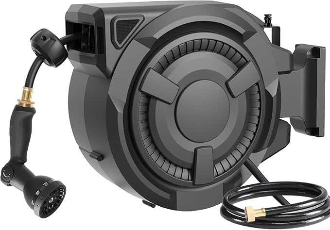 wikiwiki Retractable Garden Hose Reel 1/2 in x 130 ft, Heavy Duty Wall Mounted Hose Reel with 10- Function Sprayer Nozzle, Automatic Slow Return System/180°Swivel Bracket/UV Resistant (Black)