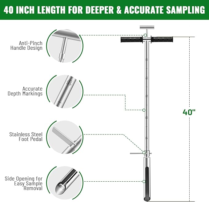 40 Inch Soil Sampler Probe, Stainless Steel Soil Core Sampling Tool with T-Handle, Heavy Duty Soil Probe for Lawn, Garden, Farm & Soil Testing