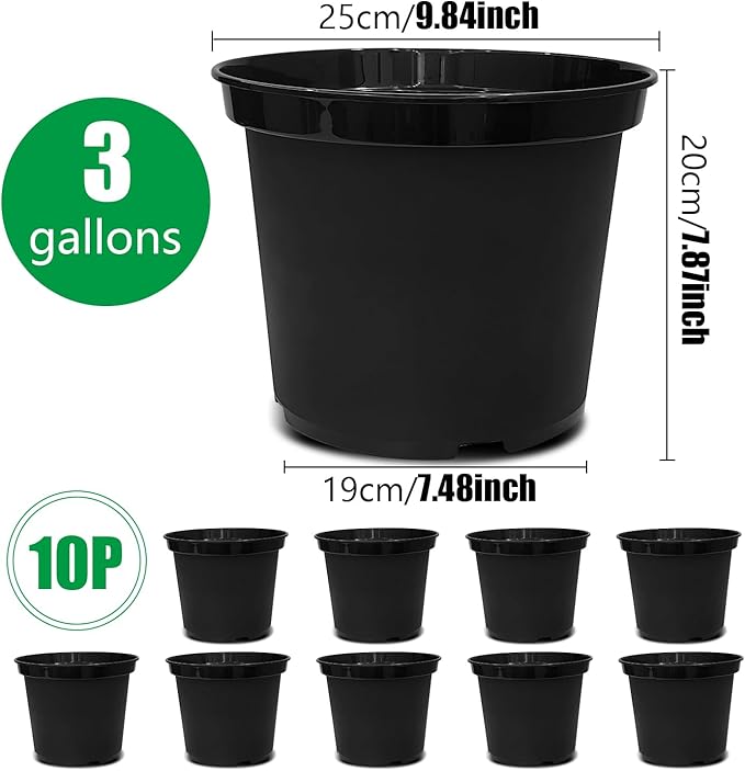 RooTrimmer 3 Gallon Plastic Nursery Pots, 10 Inch Round Plant Pots with Drainage Holes, 10 Pack Planting Pot for Outdoor Indoor Plants, Gardening Gifts for Women, Black