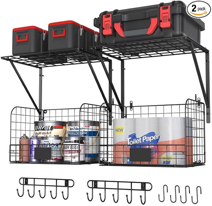 2 Pack Garage Shelves Wall Mounted with Wire baskets, Heavy Duty Garage Wall Shelving with Hooks, Wire Shelf Baskets Tool Organizer for Home Garden Garage Organization and Storage