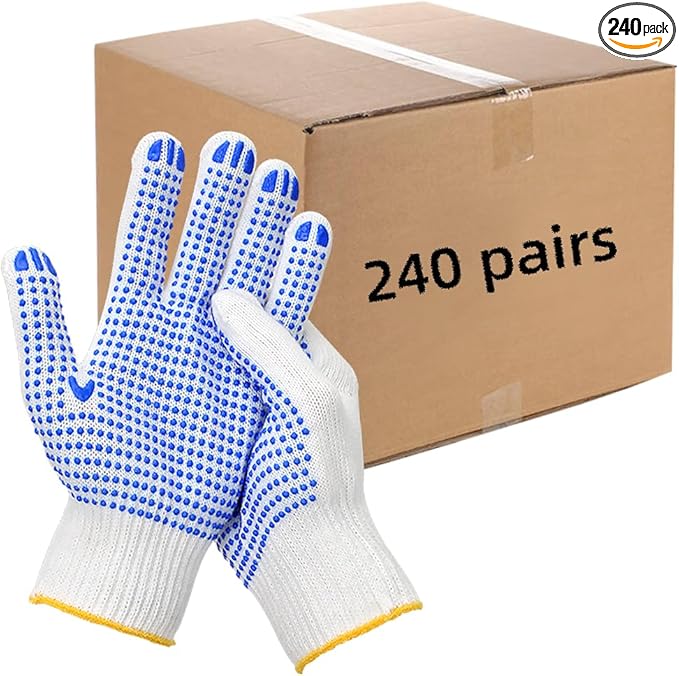 240 Pairs Cotton Work Gloves with Anti-slip Dots for Men Women, Breathable Cotton Knit Grip Gloves for Gardening Warehouse Construction Mechanic Industrial, One Size Bulk