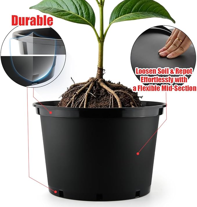 RooTrimmer 7 Gallon Plastic Nursery Pots, 15 Inch Large Plastic Pots for Plants, Round Plant Pots with Drainage Holes, Flower Pots for Outdoor Indoor Plants, Gardening Gifts for Women (5-Pack, Black)