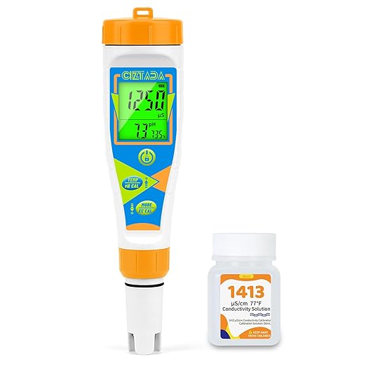 Digital pH Tester for Water pH EC PPM Meter for Hydroponics Nutrients with 1413μs/cm Calibration Solution pH Conductivity TDS Temperature Monitor Meter for Indoor Plant, Pool, Drinking Water