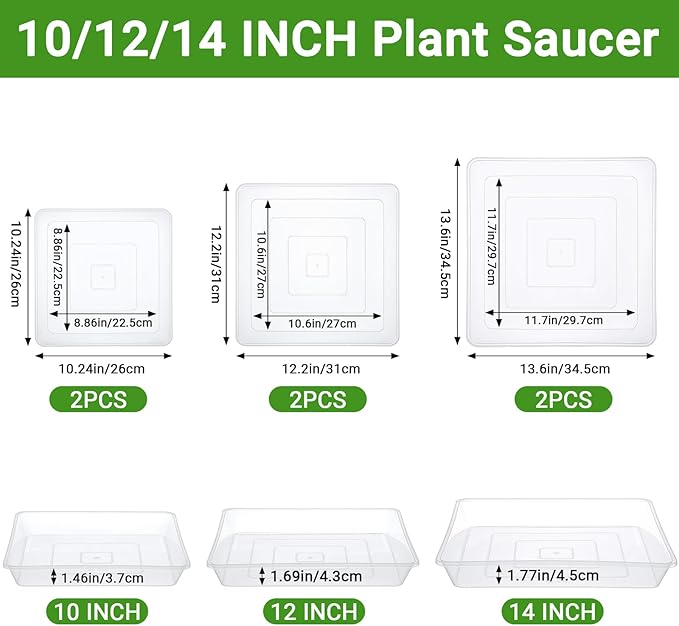 GREANER Clear Plant Drip Tray, 10/12/14 Inches Heavy Sturdy Plastic Tray, Flower Pot Saucers for Indoor Outdoor(6 Packs)
