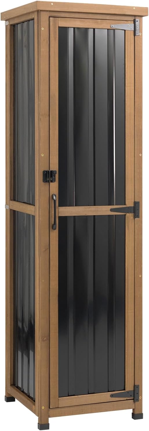 Ketive 62" Tall Outdoor Storage Cabinet, Narrow Garden Storage Cabinet with Adjustable Shelves, Slim Wood & Metal Tool Organizer for Patio, Garden, Porch, Garage or Indoor Storage