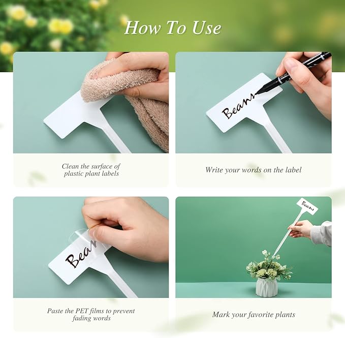 202 Pcs Large Plant Labels Kit, Include 100 Outdoor Plastic Plant T Type Tags Waterproof Reusable Plant Markers Stakes, 100 PET Films and 2 Marker Pens for Garden Herbs Flowers Pot (White, 6 Inch)