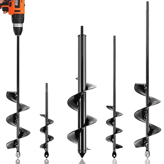 KENDO Auger Drill Bit for Planting Set of 4, Garden Ground Earth Spiral Drill Bits and Bulb Planter Tool for 3/8" Hex Drive Drill, for Post Hole Digger, Bulb Bedding Digging, Plant Rapid Planter