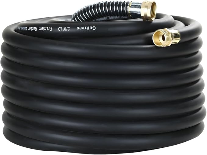 75FT 5/8 Heavy Duty Rubber Garden Hose - 300psi Working, 1000psi Burst - Hot/Cold Water - Five-Layered Braiding for Durability - Versatile for Gardening, Agriculture, Construction(Black)