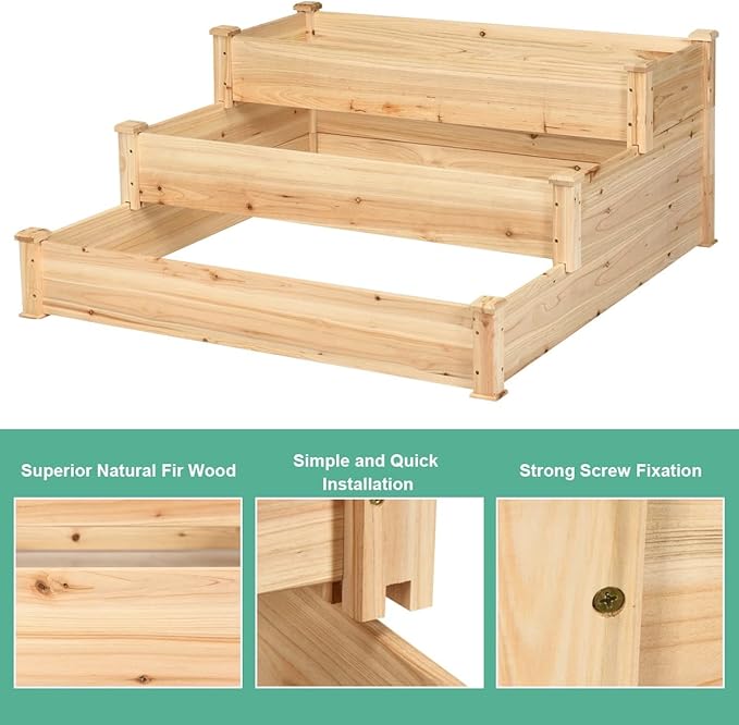 S AFSTAR 3-Tier Raised Garden Bed, Wood Elevated Planter Box with 3 Dividable Bed Kit, Outdoor Above Ground Garden Beds for Plants Herbs Vegetables, Stackable & Flat Arrangement, 49"L x 49"W x 22"H