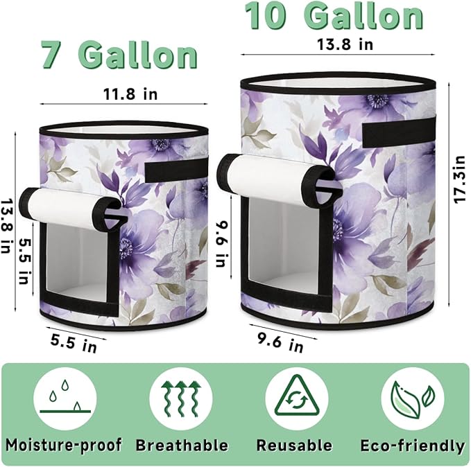 10 Gallon Potato Grow Bags Purple Watercolor Flowers Growing Bag with Handles Harvest Window Durable Garden Planting Bag Thickened Nonwoven Fabric Pots for Tomato Vegetable Fruits, 2 Pack
