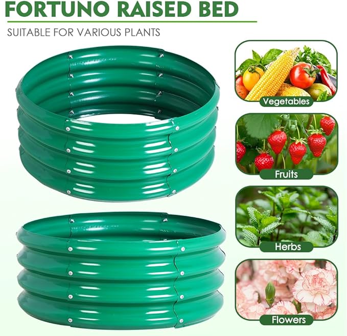 FORTUNO 2 Pcs 17" Tall 4 Ft Round Raised Garden Bed Box Galvanized Metal Outdoor High Flower Bed Steel Patio Ground Planter for Planting Vegetables and Herbs, Green