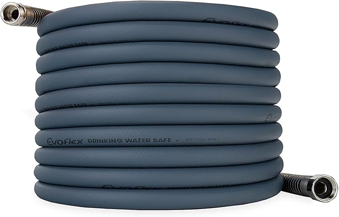Camco EvoFlex 50-Ft Water Hose - RV Drinking Water Hose Contains No Lead, No BPA & No Phthalate - Flexible Design w/Stainless Steel Strain Relief Ends - 5/8” Inside Diameter, Slate (22584)