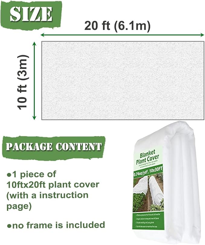 Plant Covers Freeze Protection 10 ft x 20 ft Floating Row Cover 0.9oz/yd² Garden Fabric Plant Cover for Winter Frost/Sun Pest Protection (10FT X 20FT)