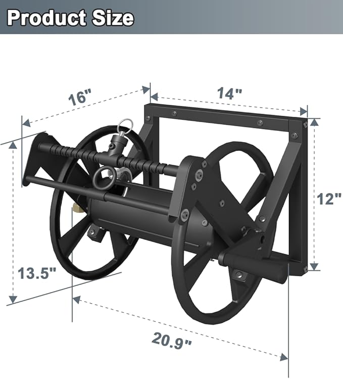 Wall Mounted Reciprocating Garden Hose Reel with Hose Guide, Outdoor Heavy Duty Metal Water Hose Holder Storage Rack Holds 125ft of 5/8'' Hose with Brass Fitting & 3.9ft Leader Hose, Black