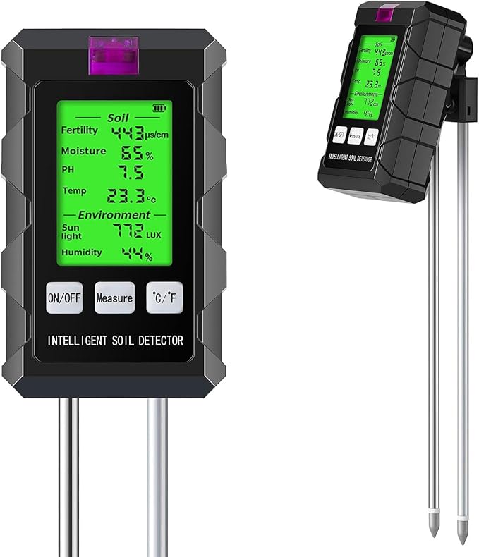 6-in-1 Soil Moisture Meter, 2026 Dual Probe Soil Tester, Moisture/pH/Temperature/Sunlight/Air Humidity/Fertility, Perfect for Farming, Gardening, Lawns, Outdoor (2*AAA Battery Needed)