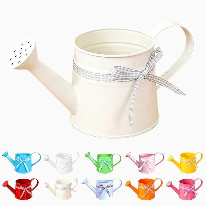 White Metal Watering Can 1 Gallon, Small Galvanized Steel Watering Can with Sprinkler Head for Indoor and Outdoor Plants, Vintage Decorative Gardening Tool (Beige)