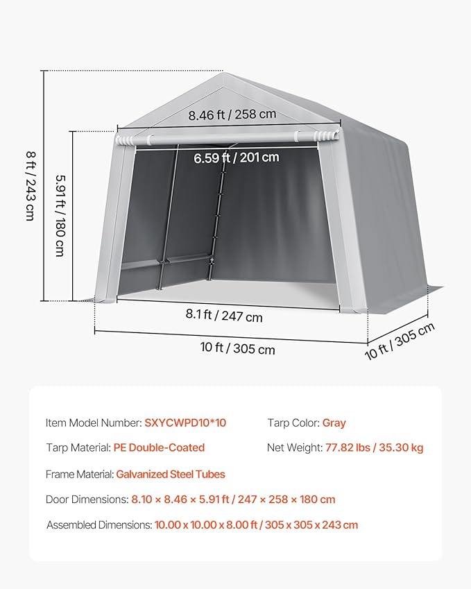 VEVOR Portable Shed Storage Shelter Outdoor, 10x10x8.5 ft Heavy Duty Instant Storage Tent Tarp Sheds with Roll-up Zipper Door and Ventilated Windows for Motorcycle, Bike, Garden Tools