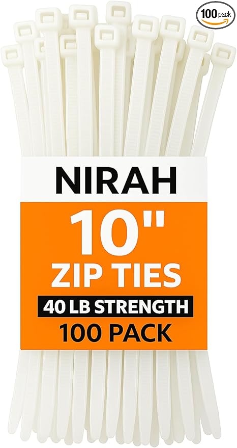 10-inch Zip Ties Clear White (100 Pack), 40 lb Tensile Strength, Self-Locking, UV Resistant Nylon Cable Ties, Wire Ties for Cable Management, Gardening, Wreaths, Office, Craft & Indoor Use by Nirah