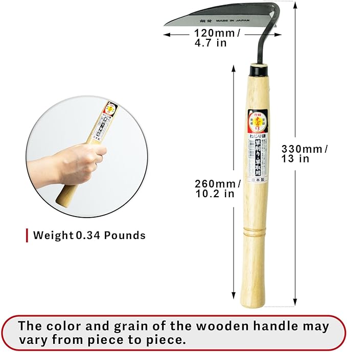 Japanese Weeding Sickle, Hand Weeder Tool for Surface Weed Removal, Tight Spaces and Light Grass Cutting, Made in Japan by HONEN