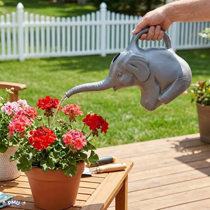 2-Quart Elephant Watering Can – Durable Plastic Garden Watering Can for Indoor & Outdoor Plants, Easy-Pour Spout, Large Water Pot, Gray