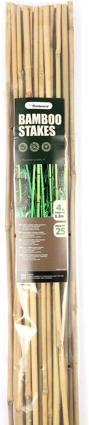 Bamboo Stakes 4ft Natural Plant Stakes for Tomatoes, Beans, Climbing Plants Support - 25 Pack Bamboo Sticks for Plants