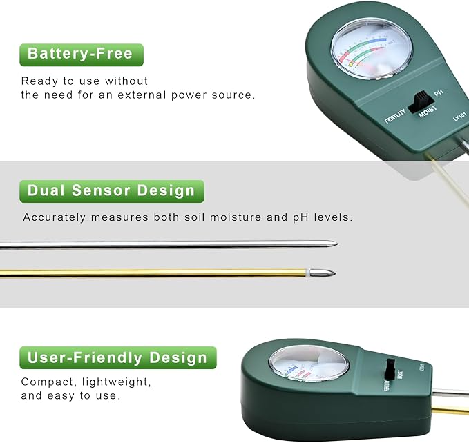 Powboro 3-in-1 Soil Tester Kit – Moisture/pH/Fertility Meter for Garden, Lawn, Potted Plants No Battery Needed Indoor/Outdoor Soil Test Kit
