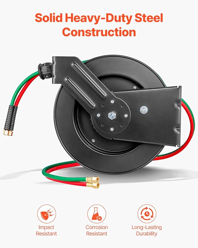 VEVOR Retractable Welding Hose Reel, 1/4-Inch x 50FT Twin Oxygen Acetylene Rubber Hose Max 300PSI - T Grade, Ceiling/Wall Mount Heavy Duty Steel Hose Reel Auto-Rewind, Ideal for Workshops Garages
