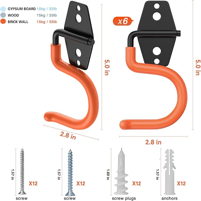 HUPBIPY 6 Pack Metal Garage Hooks, Heavy Duty S Hooks Tool Hangers for Garage Wall, Shed, Garden Storage Organizer