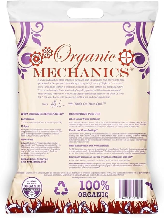 Organic Mechanics Worm Castings Soil Amendment, 1 Pound - Enhances Soil Structure & Retains Moisture for All Plants, Houseplants, Vegetables, Herbs, and Flowers - Peat-Free & Eco-Friendly