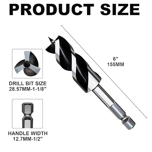 1-1/8"×6" Professional Auger Drill Bit for Wood with Quick Change 1/2" Hex Shank- 3-Cutter Design with Dual-Flute for Fast Chip Removal, Fits Hardwood, Softwood, PVC, Drywall & Tree Stumps