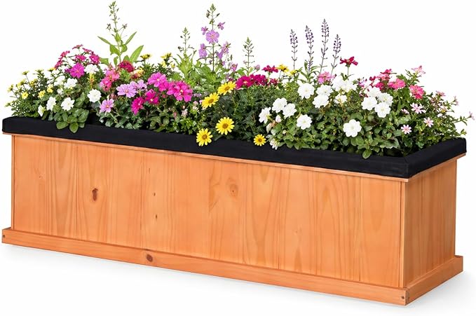Giantex Raised Garden Bed with 3 Drainage Holes, 44”x10”x12” Wooden Elevated Planter Box w/Removable Bottom & Bed Liner, Elevated Flower Bed, Rectangular Plant Container for Vegetables Herbs & Fruits