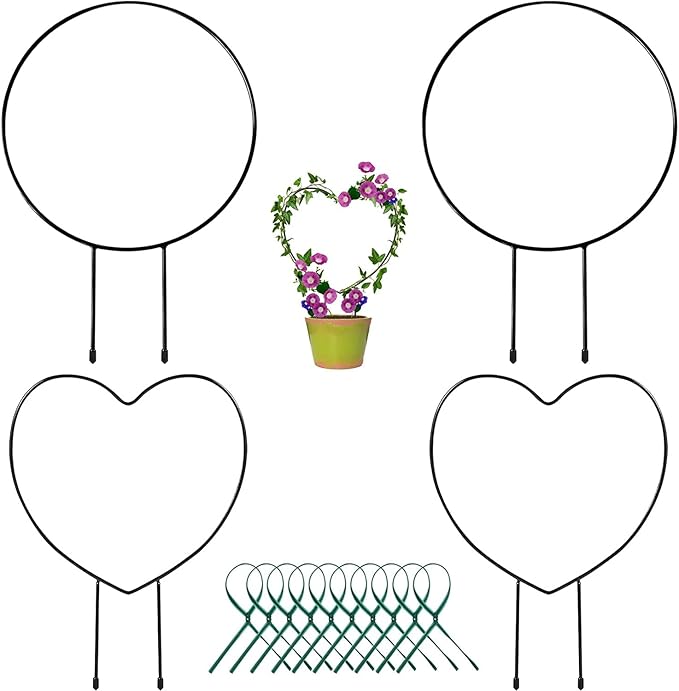 Legigo Black Metal Plant Support Trellis - Iron Vine Climbing Holder Rack with 10 Plant Twist Ties for Potted Flowers Indoor (2 Circles & 2 Hearts)