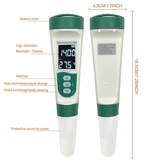 Aquarium Salt Tester - Pool Test Strips, Digital PH Meter for Water, Aquarium Monitoring Tool, Pond Checker, Fish Tank Water Analyzer, 5-in-1 Salinity, PH, TDS, EC, and Temperature Meter