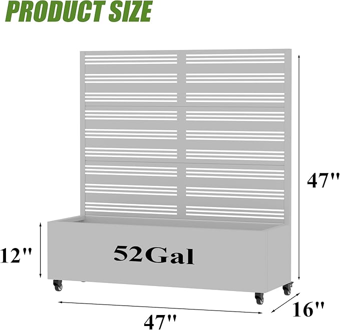 Casaphoria Metal Raised Garden Bed with Trellis and Wheels, 47"x47"x16" Planter Box for Climbing Plants, Vegetables & Vines, Features Drainage Holes and Privacy Screen, Grey-Harold