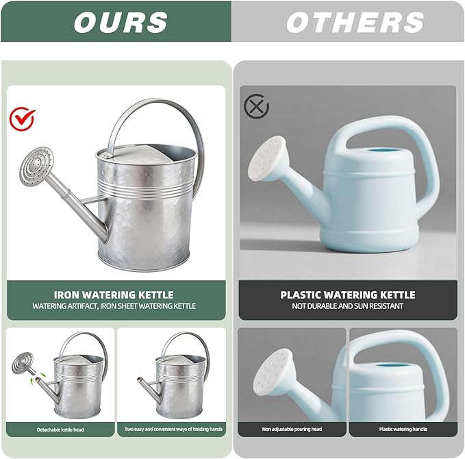 9.5L Metal Watering Can for Outdoor Garden, Galvanized Steel Large Watering Pot with Top Handle and Long Spout, Rust-Resistant Water Can for Flowers, Lawns, and Farm Use