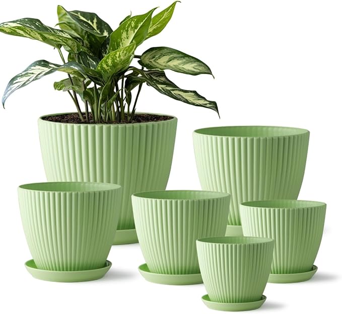 RooTrimmer 7.5/6.5/5.5/4.9/4.2/3.5 Inch Plant Pots with Saucers & Drain Holes - Indoor/Outdoor Flower Pots for Succulents, Herbs, Cactus - Modern Lightweight Durable Planter Set, Green