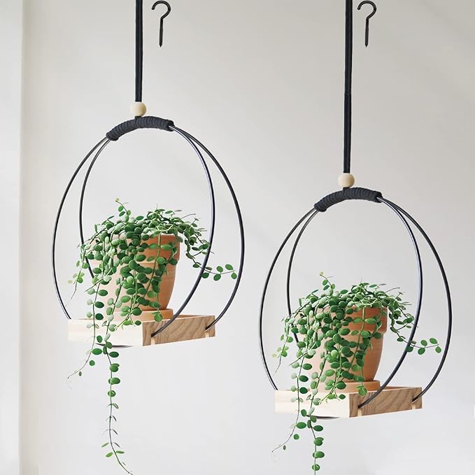 Plant Hangers Indoor with Wood Base -2 Pack Boho Macrame Hanging Plant Holder for Indoor Plants Hanging Planter for Wall/Window/Room Decor Black (Pot & Plant Not Included)