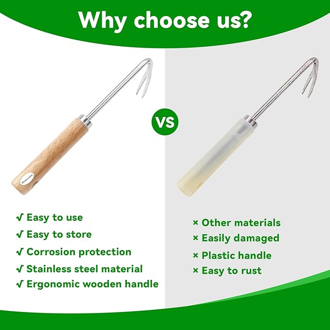 2 Pack Double Claw Root Hook Weeding Tool with Wooden Handle, Hand Weeder Tool for Garden Weed Removal, Manual Weed Puller for Deep Roots & Dandelions, Bonus Stainless Steel Single Claw Root Hook