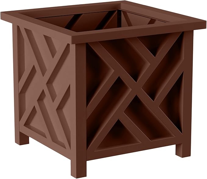 Lattice Design Outdoor Planter Box - 14.75” Square 13” Tall Brown Plant Pot - Decorative Plant Pots for Front Porch Decor - Flower Pots Outdoor Planters for Porch Patio or Garden Decor by Pure Garden