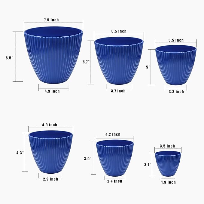 RooTrimmer 7.5/6.5/5.5/4.9/4.2/3.5 Inch Plant Pots with Saucers & Drain Holes - Indoor/Outdoor Flower Pots for Succulents, Herbs, Cactus - Modern Lightweight Durable Planter Set, Blue