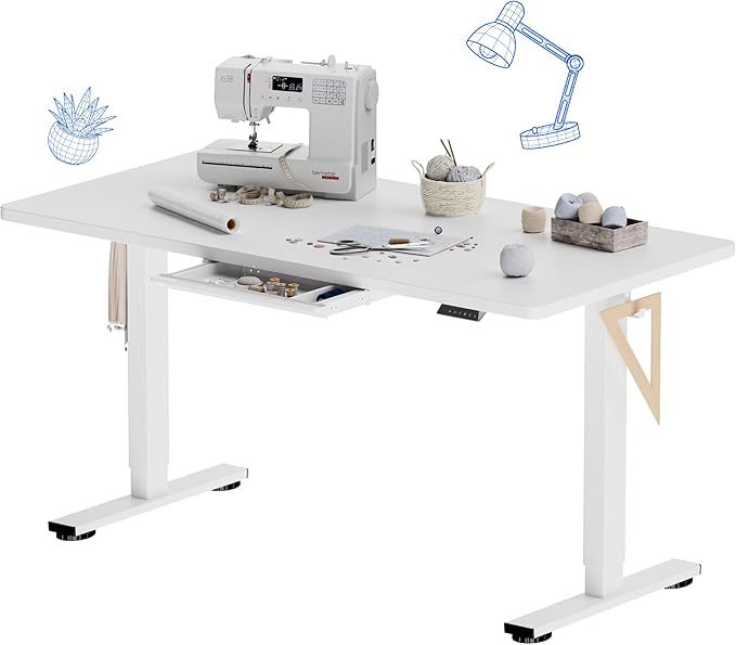 FLEXISPOT Electric Adjustable Workbench, 55x28 Inches Ergonomic Worktable with Drawer for Garage, Workshop, Office and Home, Spacious Desktop for Woodworking Sewing and Crafts, White, 3 Packages