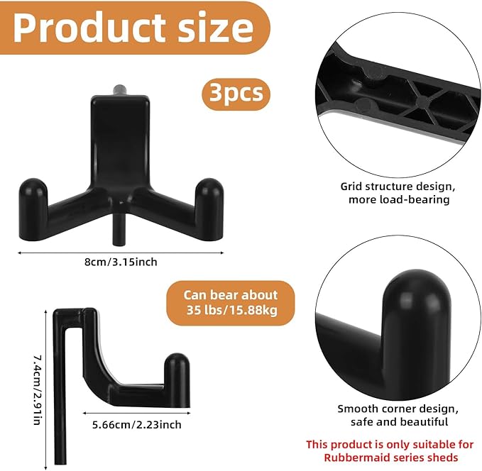3pcs Shed Hooks for Rubbermaid, V-Shaped Multi Purpose Shed Accessories Power Tool Wall Holder Organization and Storage for Shovel Rake Sports Equipment