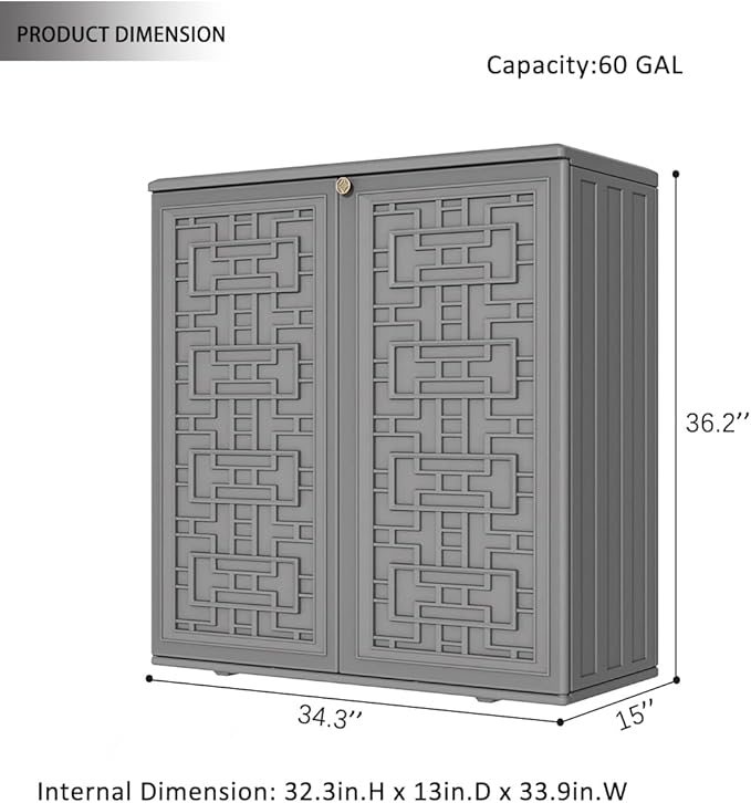 KINYING Outdoor Storage Cabinet Waterproof, Resin 62 Gallon Deck Box for Patio Furniture Cushions, Garden Tools, Pool Tools and Kids’ Toys (Grey with 1 Shelving)