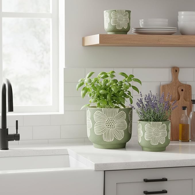 YBX 8 Inch + 6 Inch White Flower Pattern Plant Pots, Sand Glazed Ceramic Planter with Drainage Hole, Flower Pots for Indoor Plants, Green