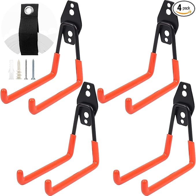 Heavy Duty Garage Storage Hooks, 4 Pack Utility Steel Garage Tool Organizer Wall Mount for Hanging Power and Garden Tools Ladders Hoses Bikes Ropes & Bulk Items
