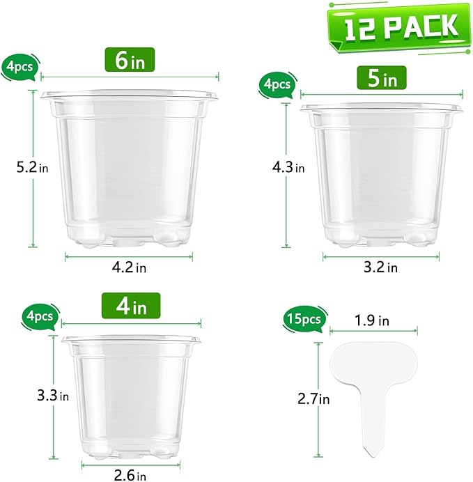 SupKing Clear Nursery Pots 6/5/4 Inch Plastic Seed Starter,12 Pack Plastic Pots for Plants with Drainage Holes for Transplanting Succulents Cuttings Come with 15 Seedlings Labels
