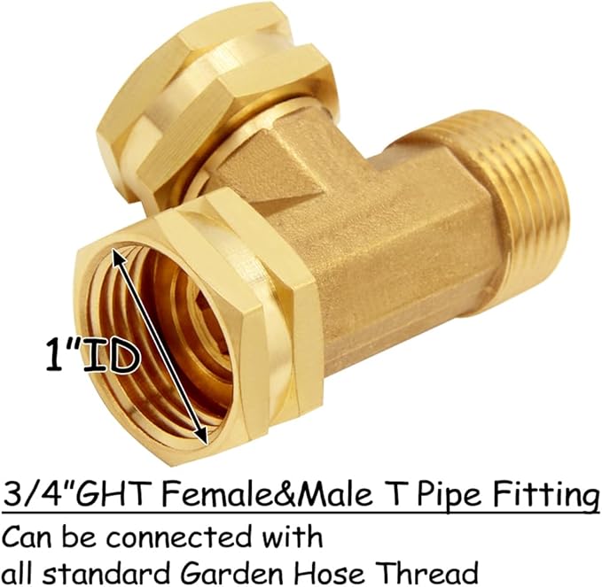 2PCS Brass 3/4 Inch GHT Swivel Tee Pipe Fitting 3/4" GHT Female x Female x Male for Garden Hose Threaded Tube Pipe Fittings